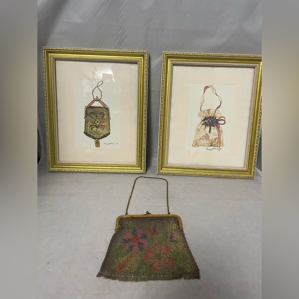 Vintage 1920’s German Mesh Chain handbag with framed 2 Peggy Abrams art prints